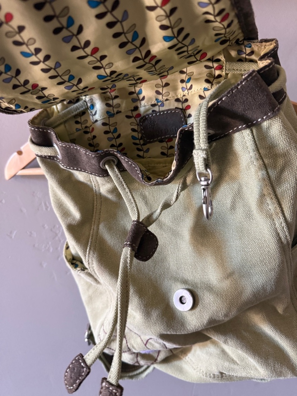 Sherpani Canvas Floral Accent Mini Backpack in Olive Green with Brown Trim - Picture 6 of 7